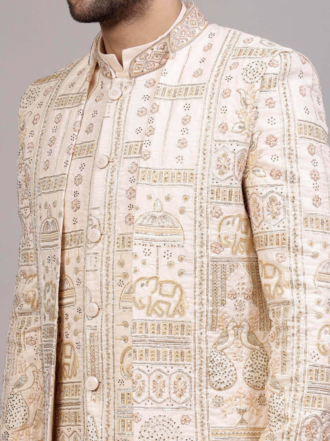 Cream Hand Woven Elephant Motif Sherwani