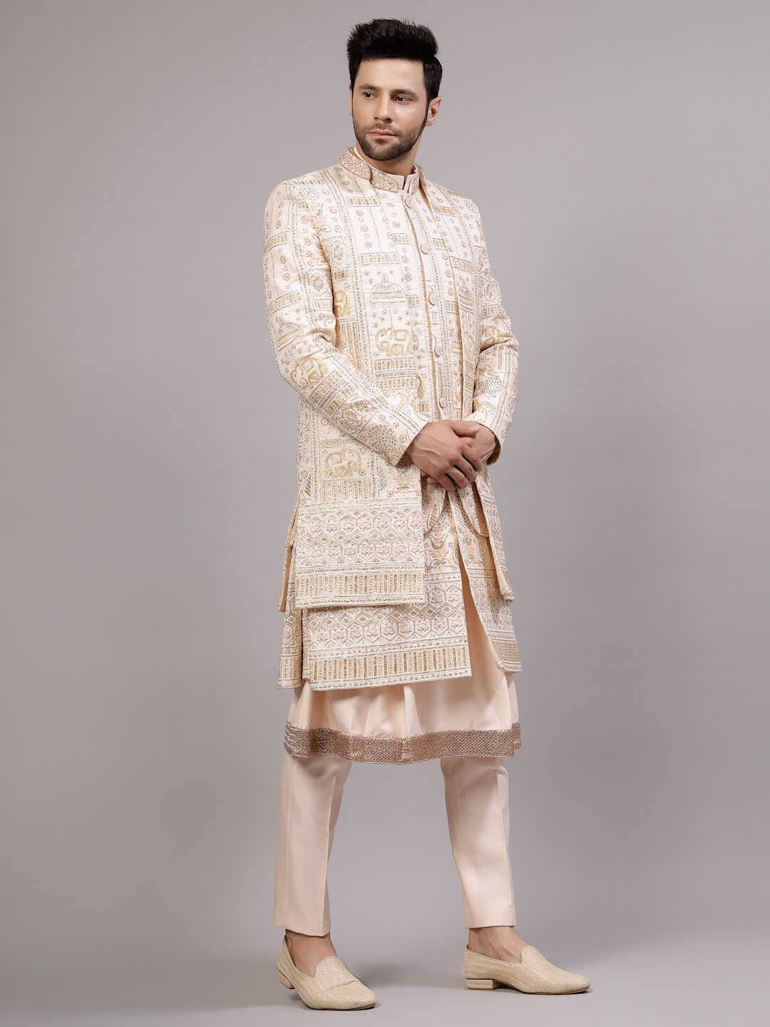 displaying image of Cream Hand Woven Elephant Motif Sherwani