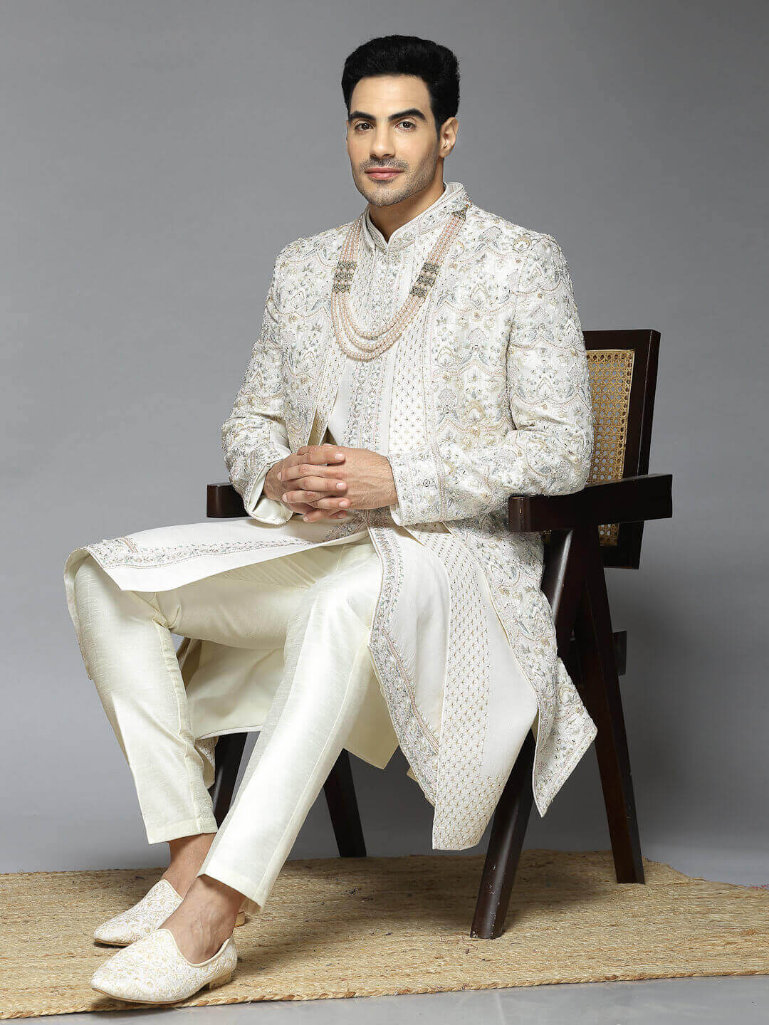 Cream Heavy Dotted Embroidered Open Jacket Sherwani