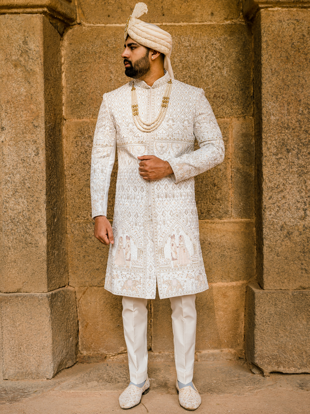 Cream Heavy Dulha Dulhan Embroidered Groom Sherwani