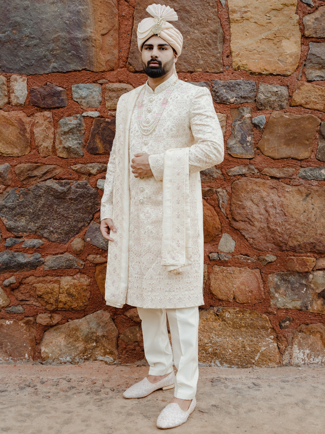 displaying image of Cream HoneycombEmbroidered Pink Hint Sherwani