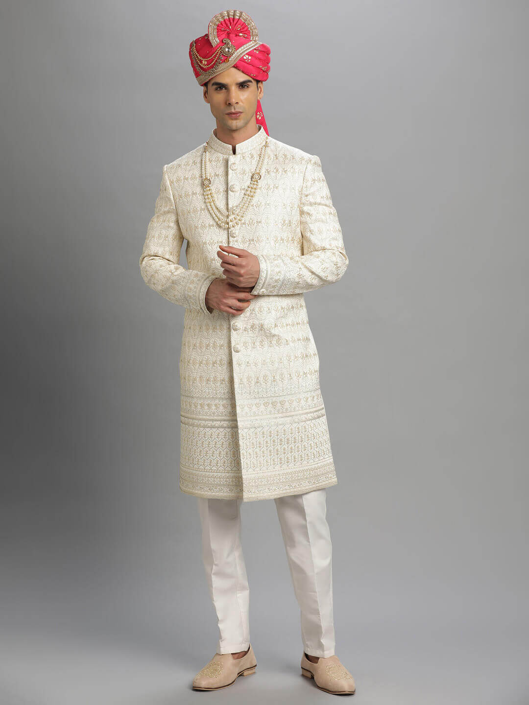 Cream Light Peach Embroidered Sherwani