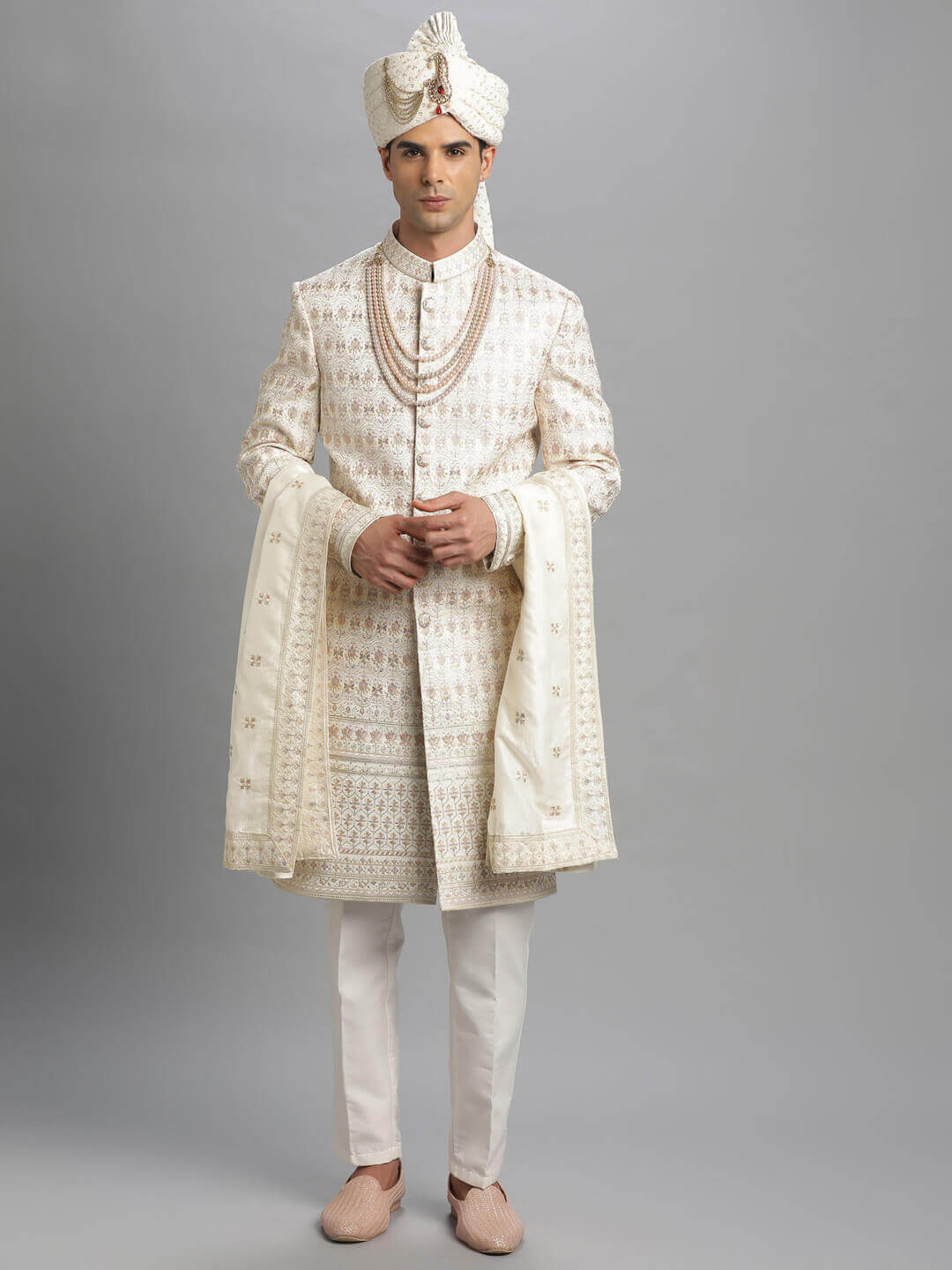 Cream Light Purple Embroidered Sherwani