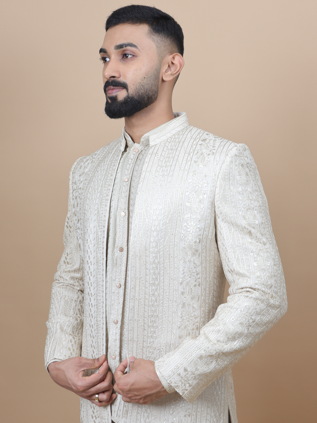 displaying image of Cream Threaded Embroidered Jodhpuri