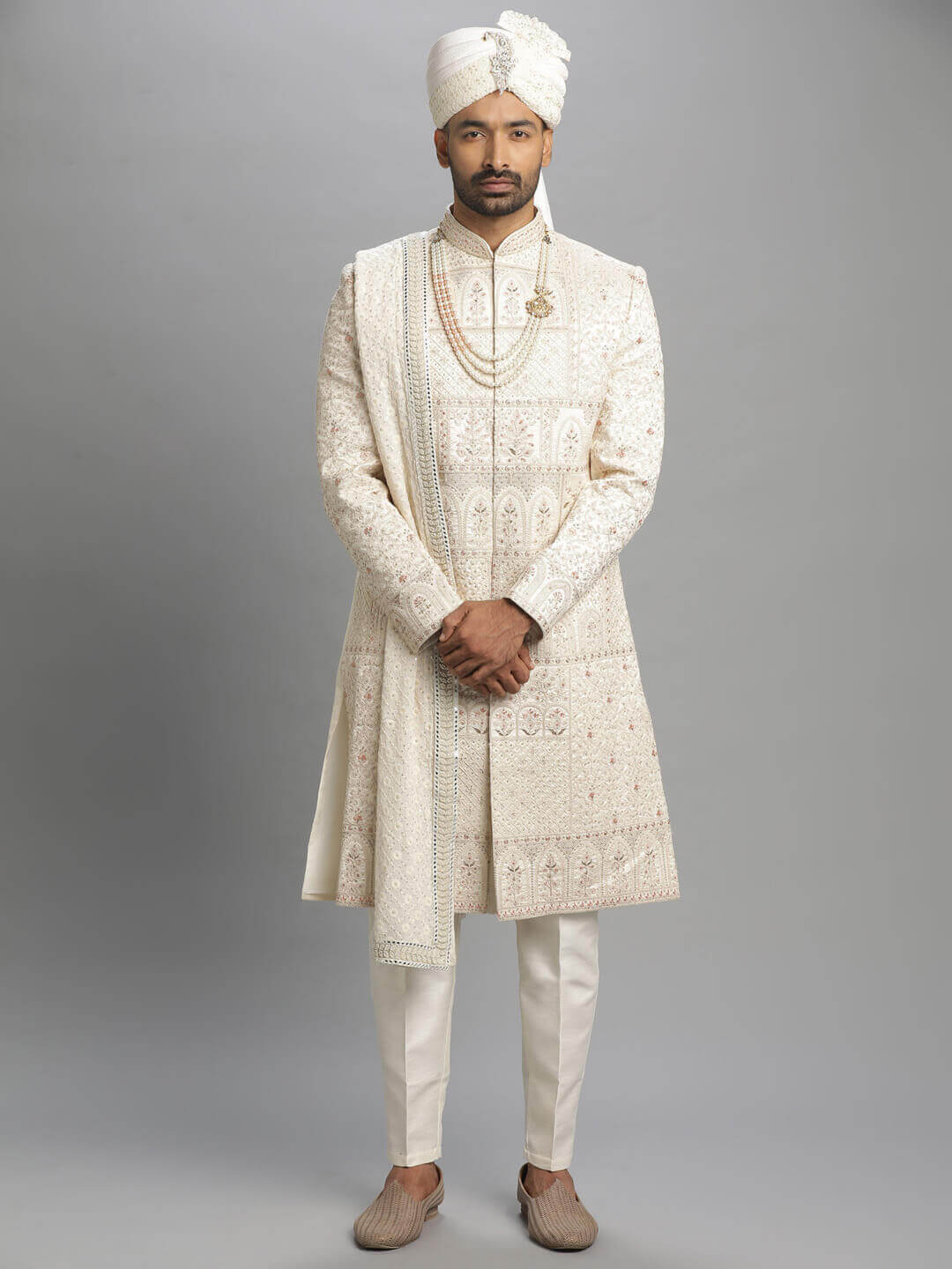 Cream Window Embroidered Sherwani