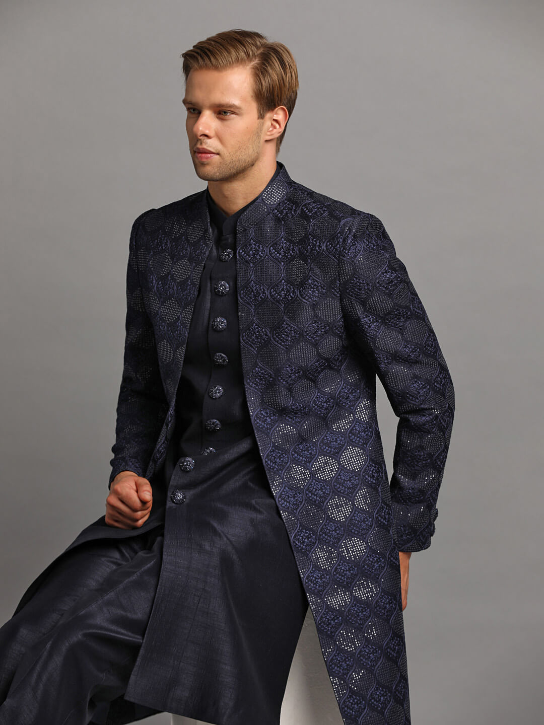 Dark Blue Embellished Open Jacket Indo