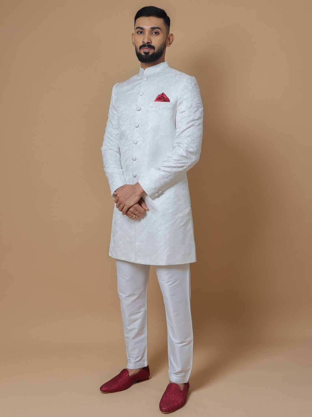displaying image of Flower Embroidered White Sherwani