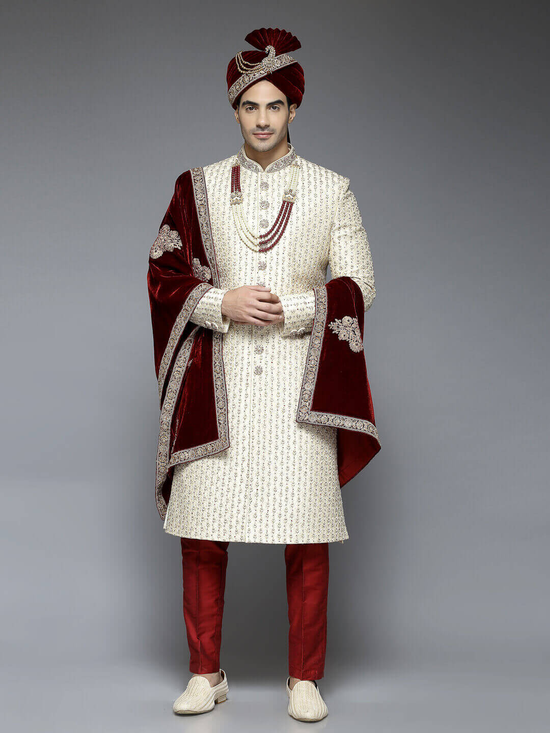 displaying image of Gold Cream Vertical Embroidered Sherwani