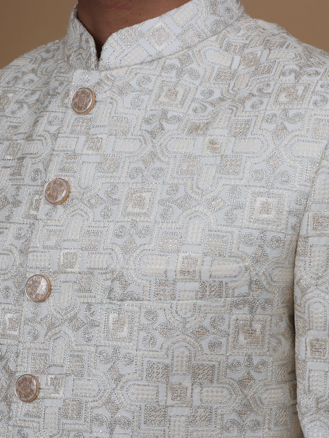 displaying image of Gold Silver Thread White Sherwani