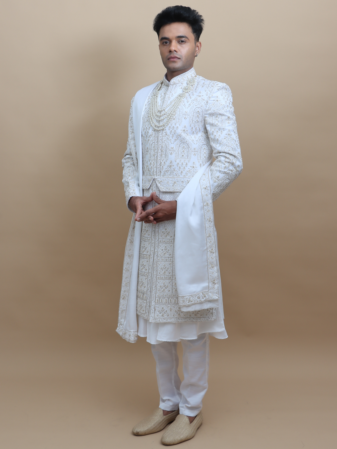displaying image of Golden Doli Heavy Groom Sherwani