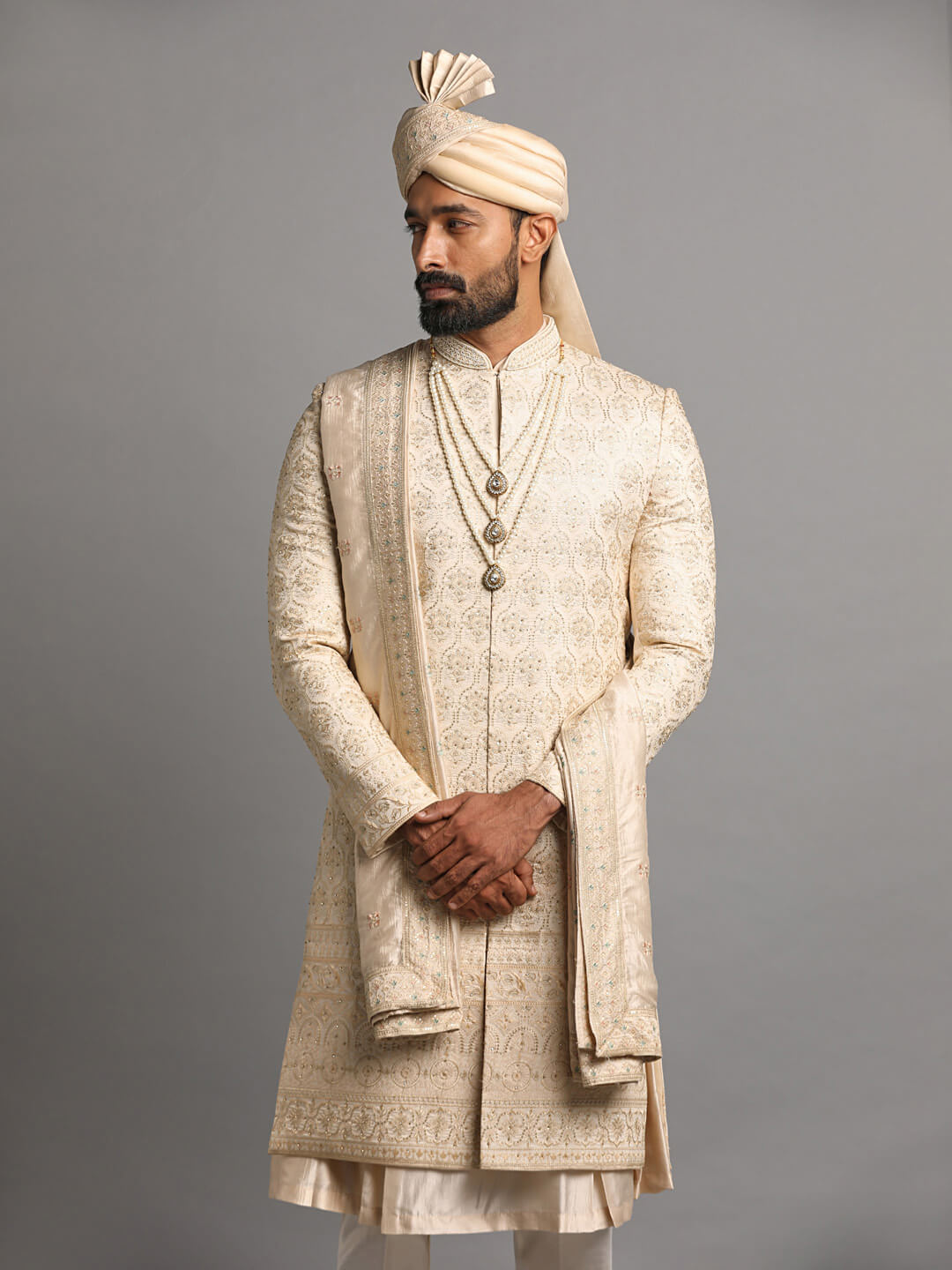 Golden Embroidered Groom Sherwani with Anarkali Kurta