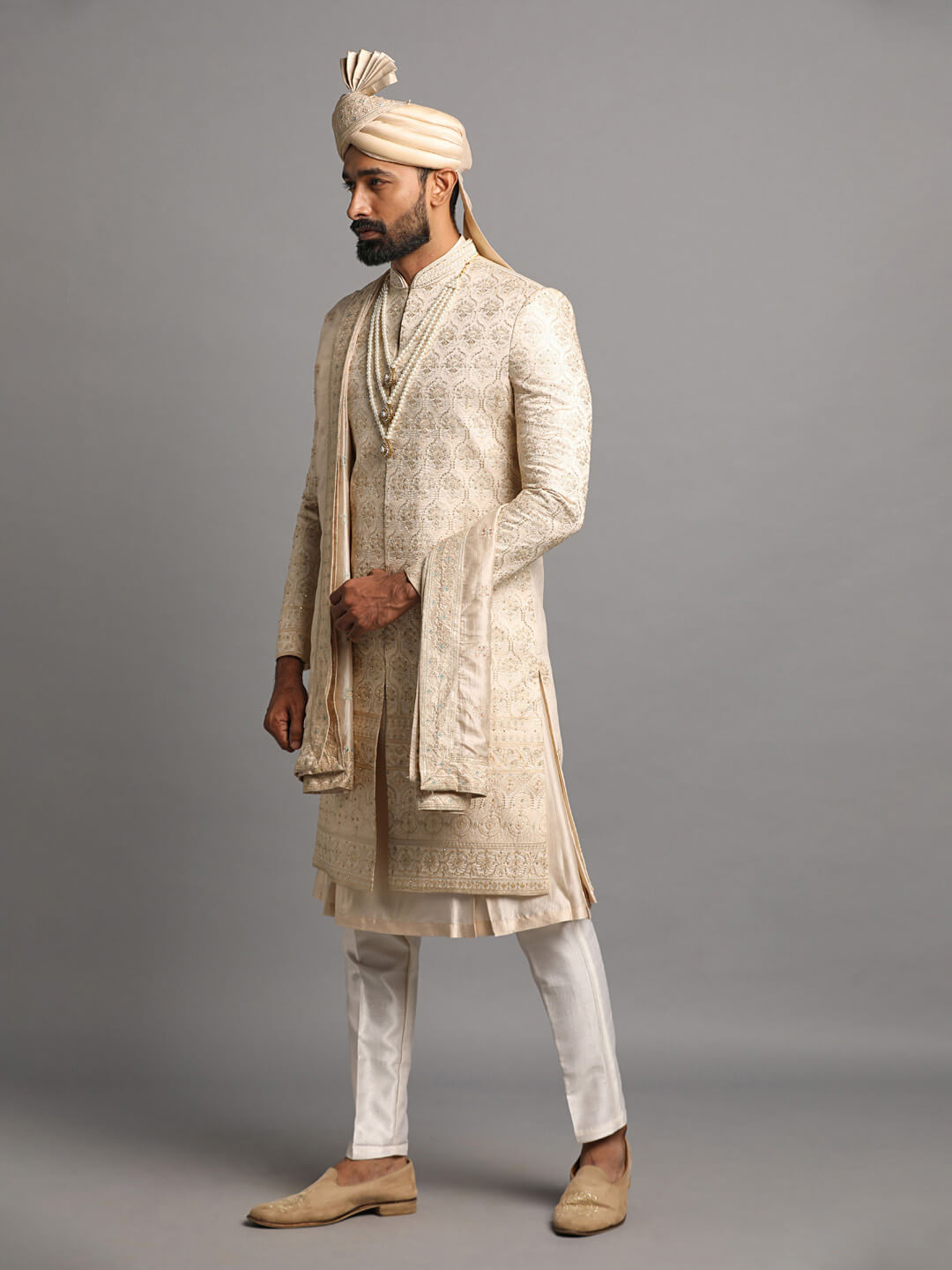 displaying image of Golden Embroidered Groom Sherwani with Anarkali Kurta