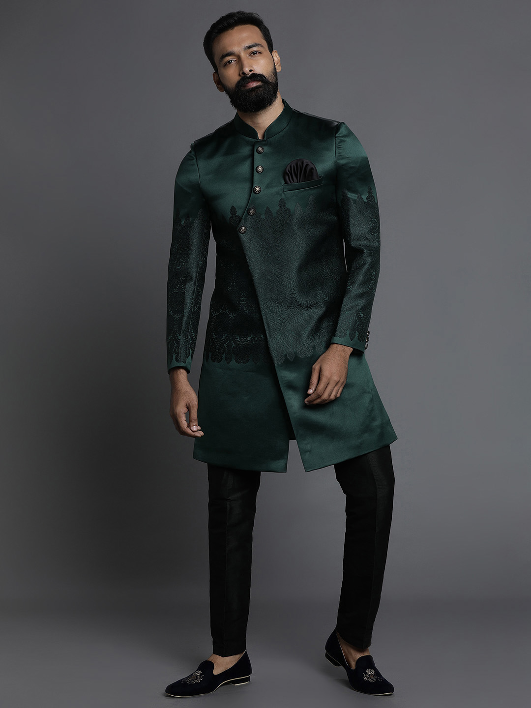 Green Black Printed Indowestern