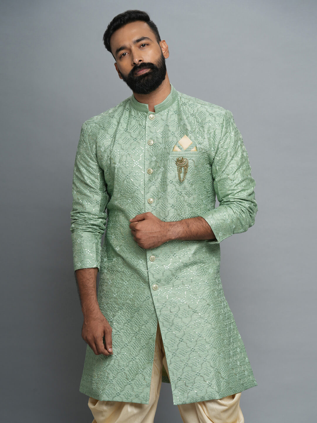 displaying image of Green Embroidered Semi Indo Set