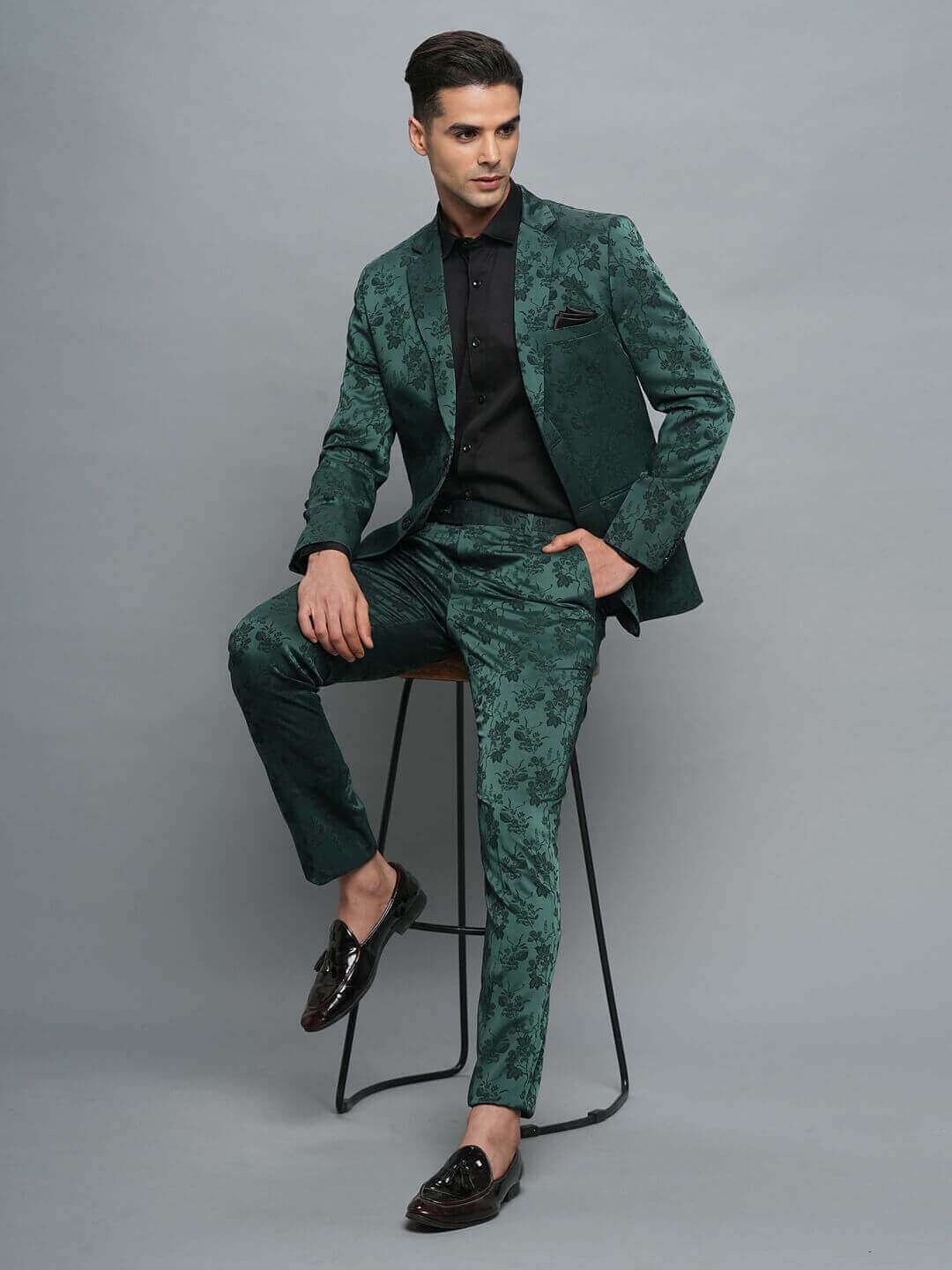 displaying image of Green Jaquard Floral Full Suit