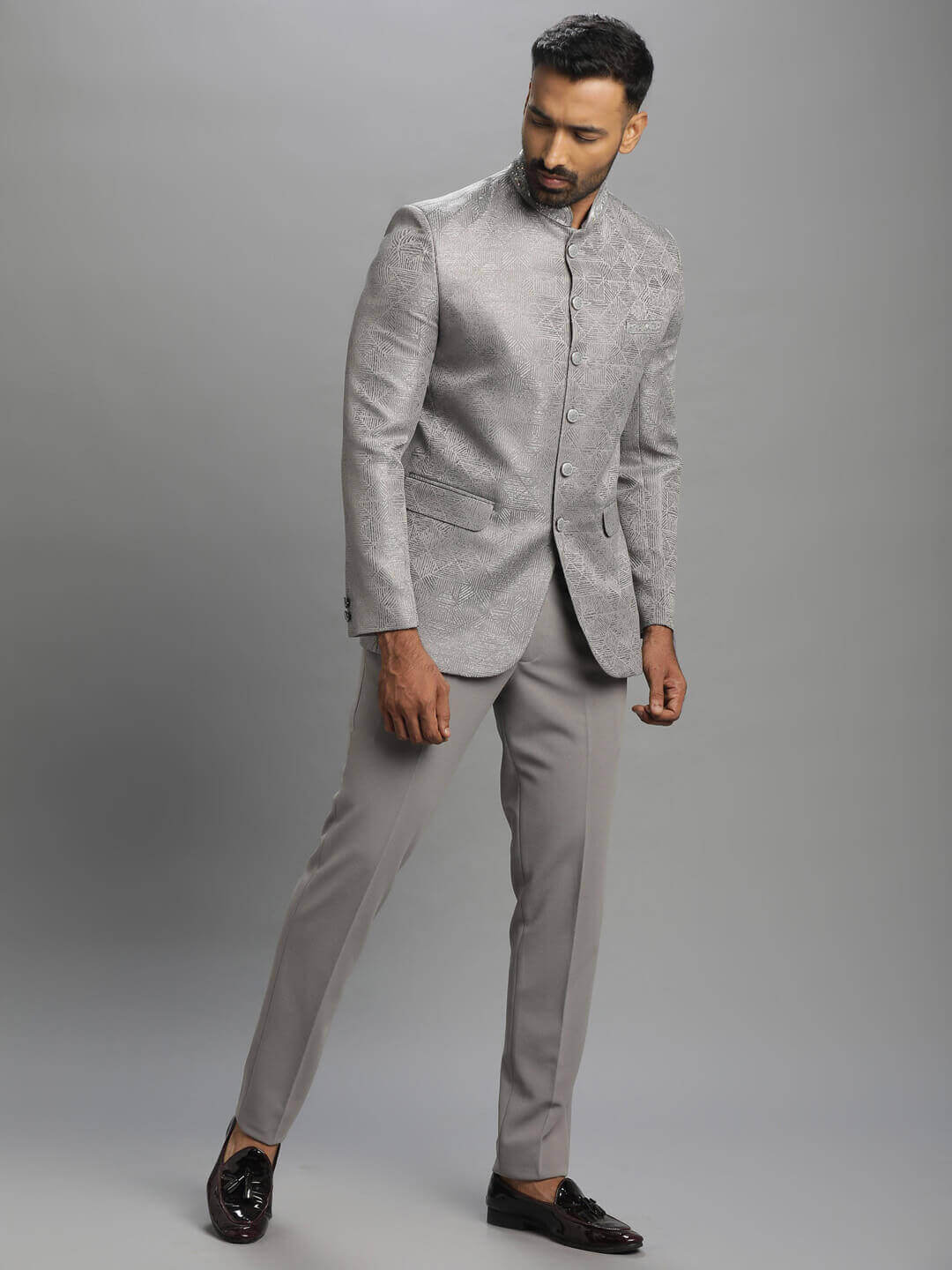 displaying image of Grey Collar Embroidered Jodhpuri