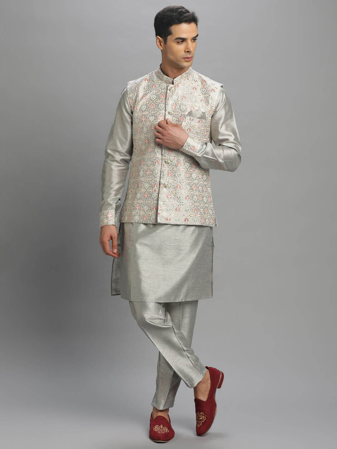 displaying image of Grey Multi Color Embroidered Kurta Pyjama Bandi