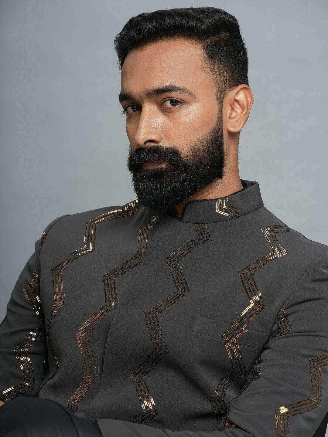 displaying image of Grey Shimmer Embroidered Bandgala