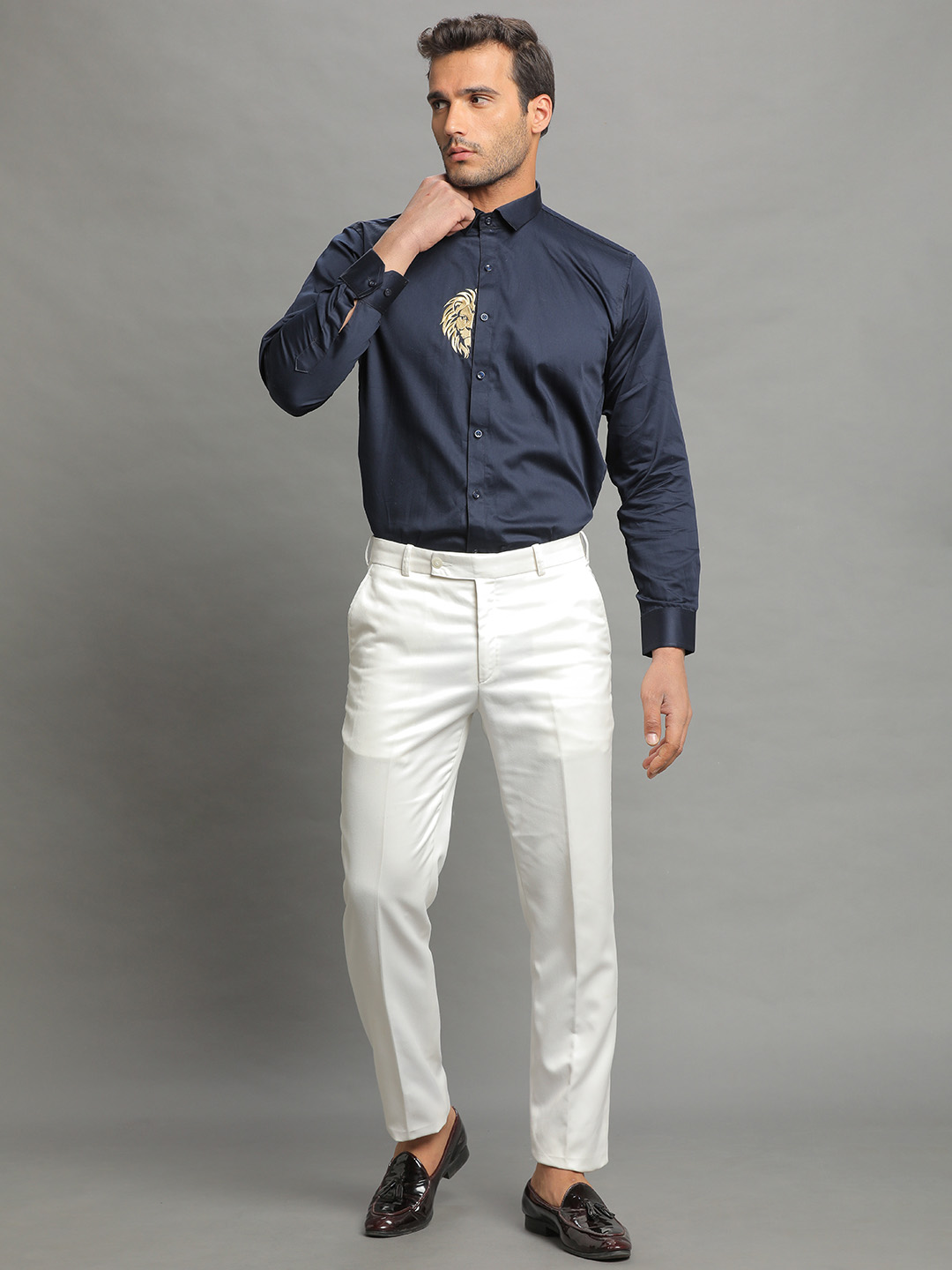 Half Lion Embroidered Blue Shirt
