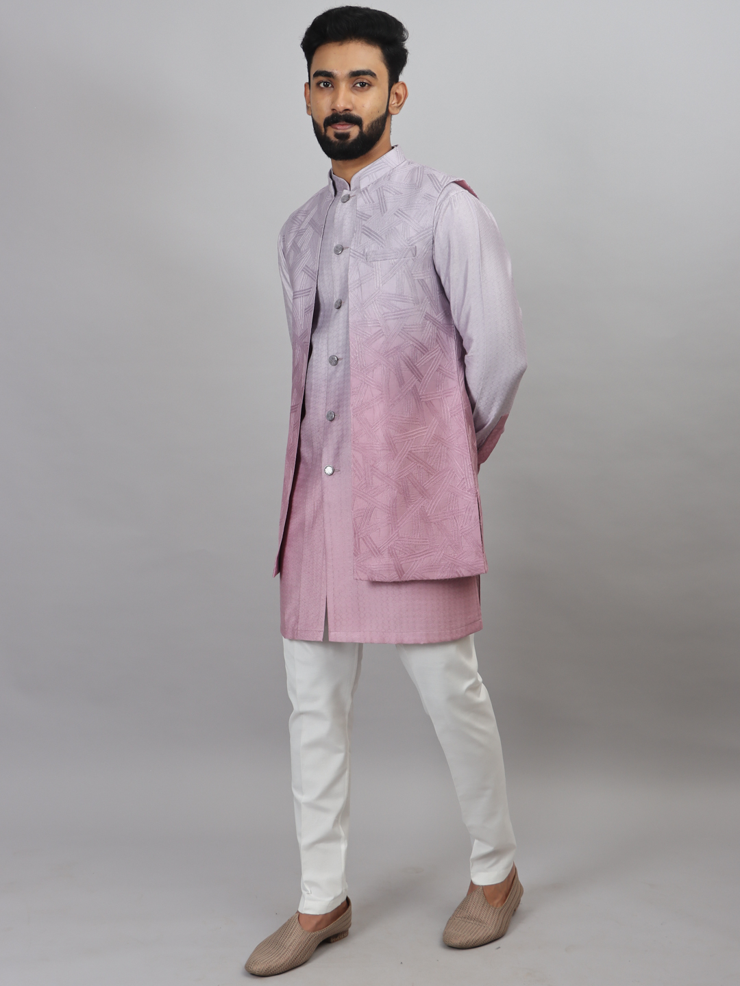 Lavender Pink Ombre Long Kurta Bandi Set