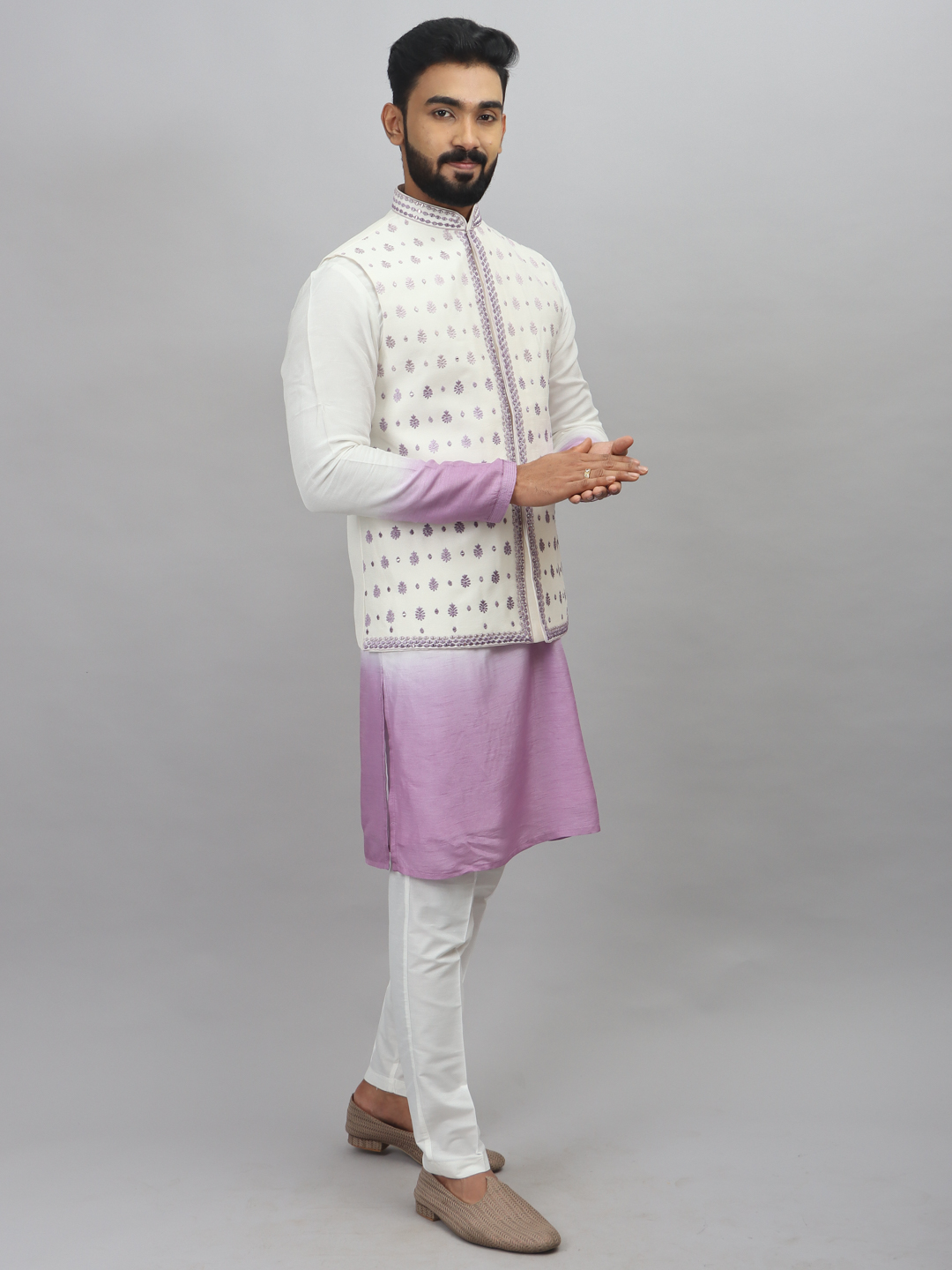 displaying image of Lavender White Ombre Kurta Bandi Set