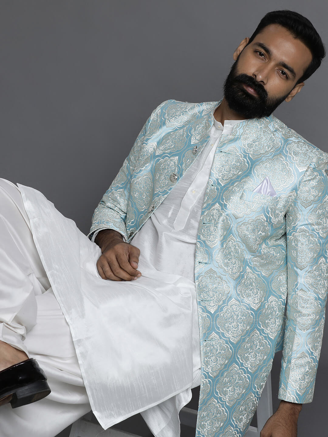 Light Blue Self Embroidered Sherwani