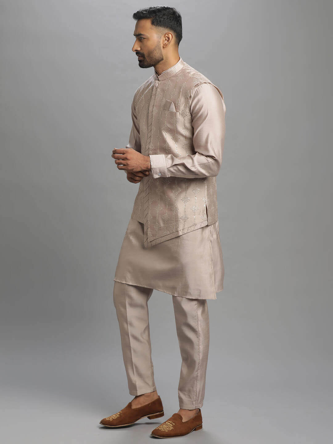 displaying image of Light Colored Cross Style Kurta Pyjama Bandi