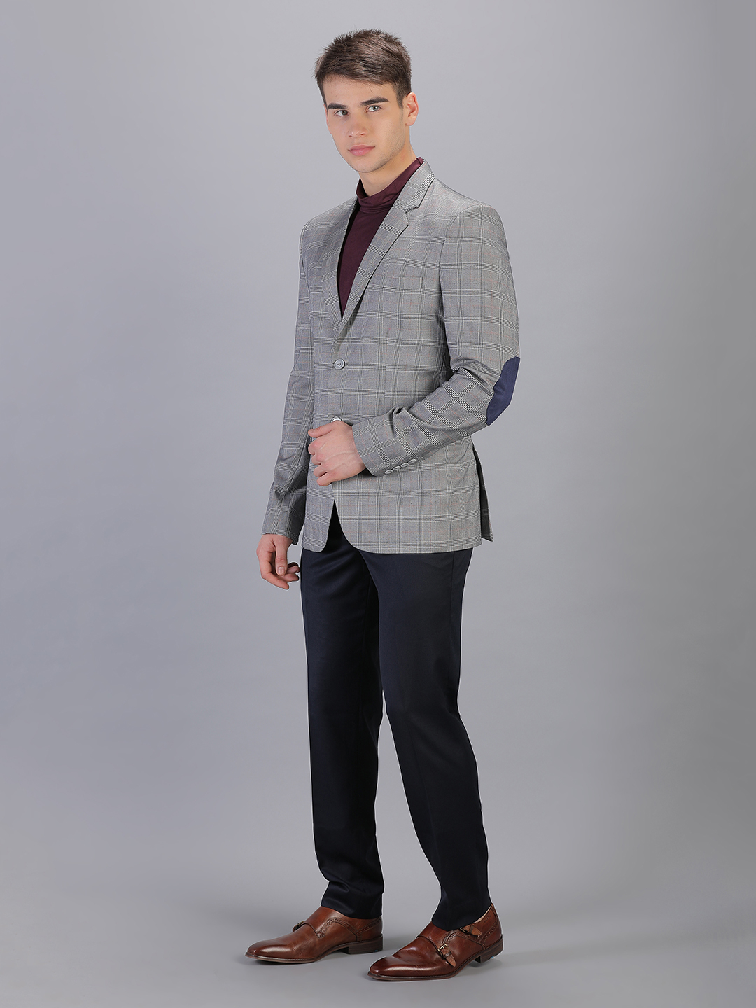 Rent/Buy Light Grey Checks Blazer with Patch | Home Trial | Free ...