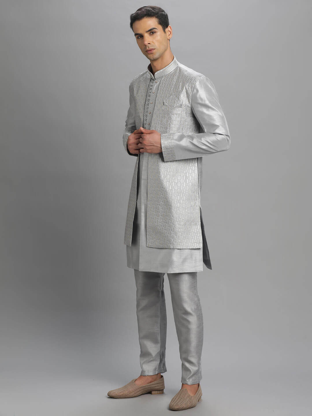 displaying image of Light Grey Long Kurta Pyjama Bandi