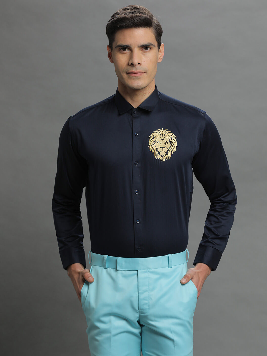 displaying image of Lion Embroidered Blue Shirt