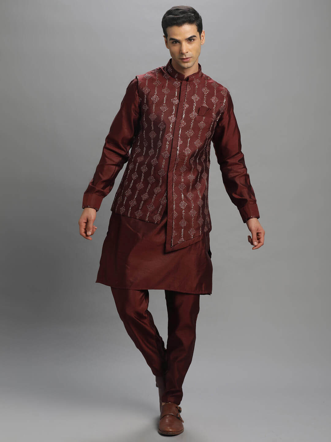 displaying image of Maroon Cross Bandi Kurta Pyjama