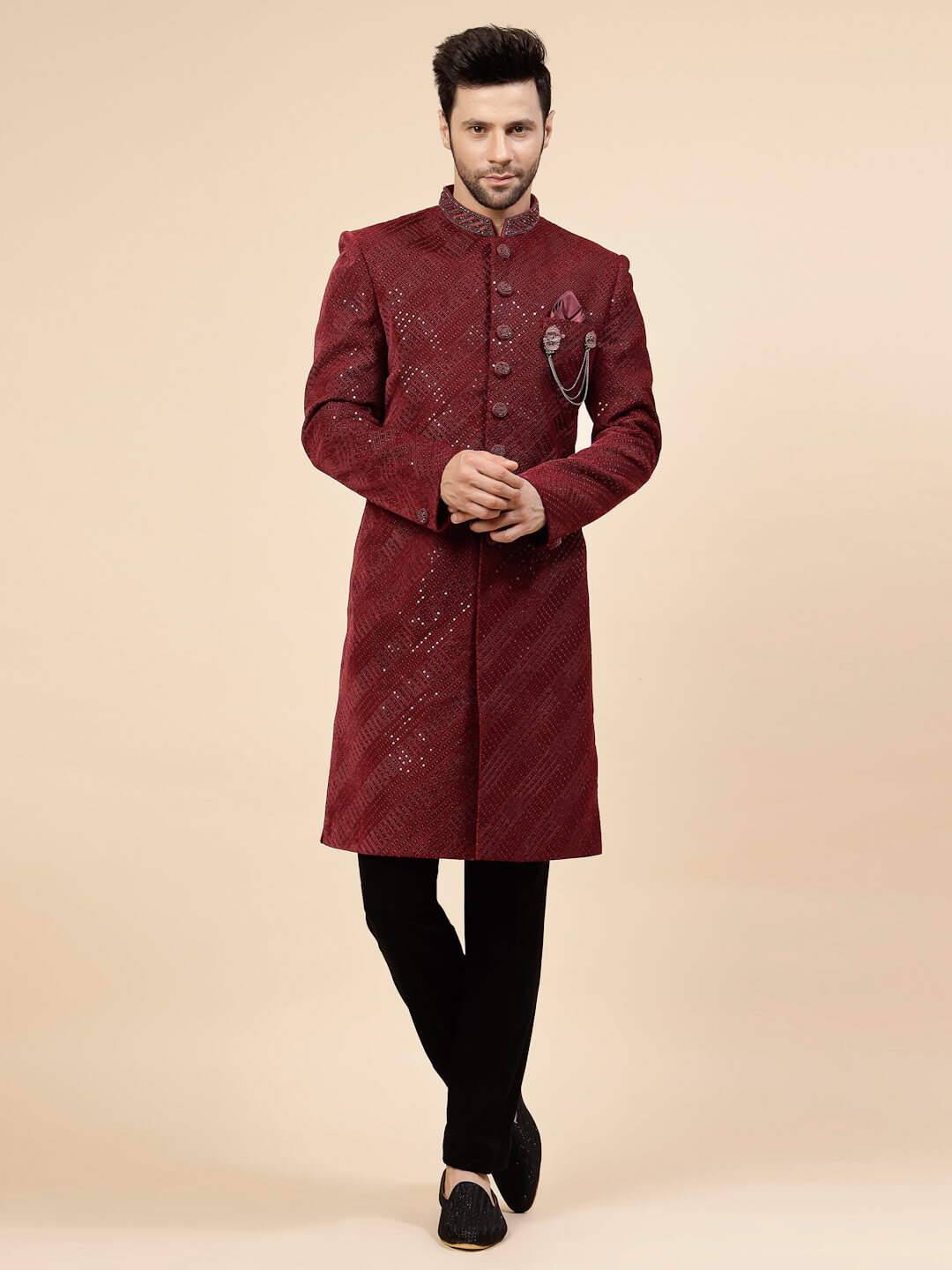 Maroon Embellished Bright Sherwani