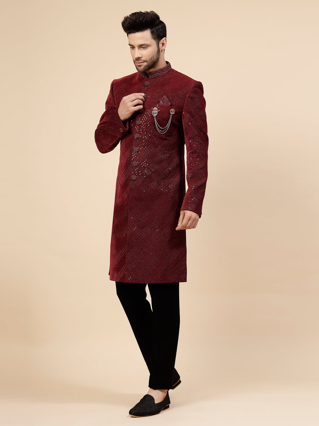 Maroon Embellished Bright Sherwani