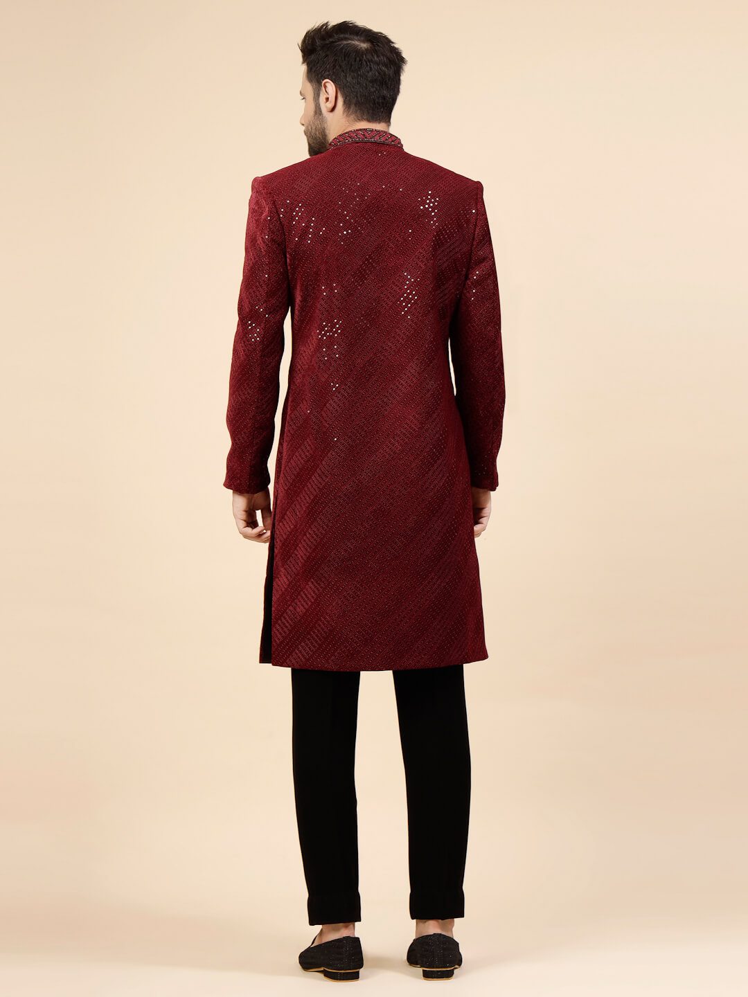 displaying image of Maroon Embellished Bright Sherwani