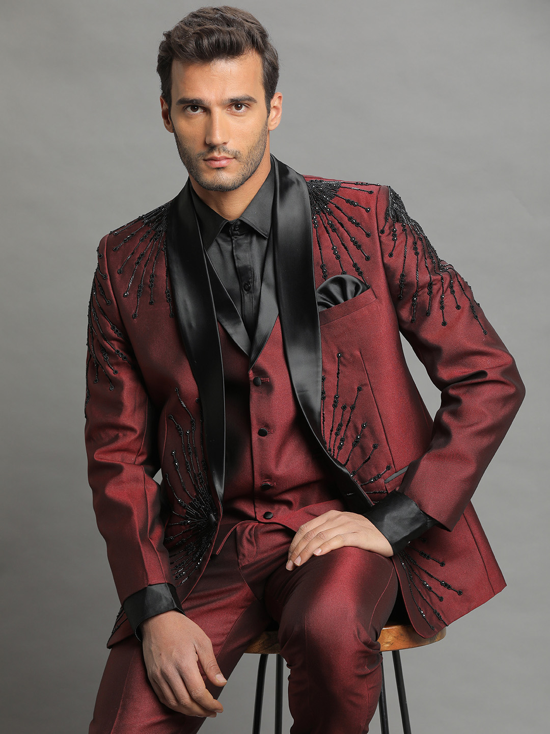 Maroon Embroidered 3 Piece Groom Suit