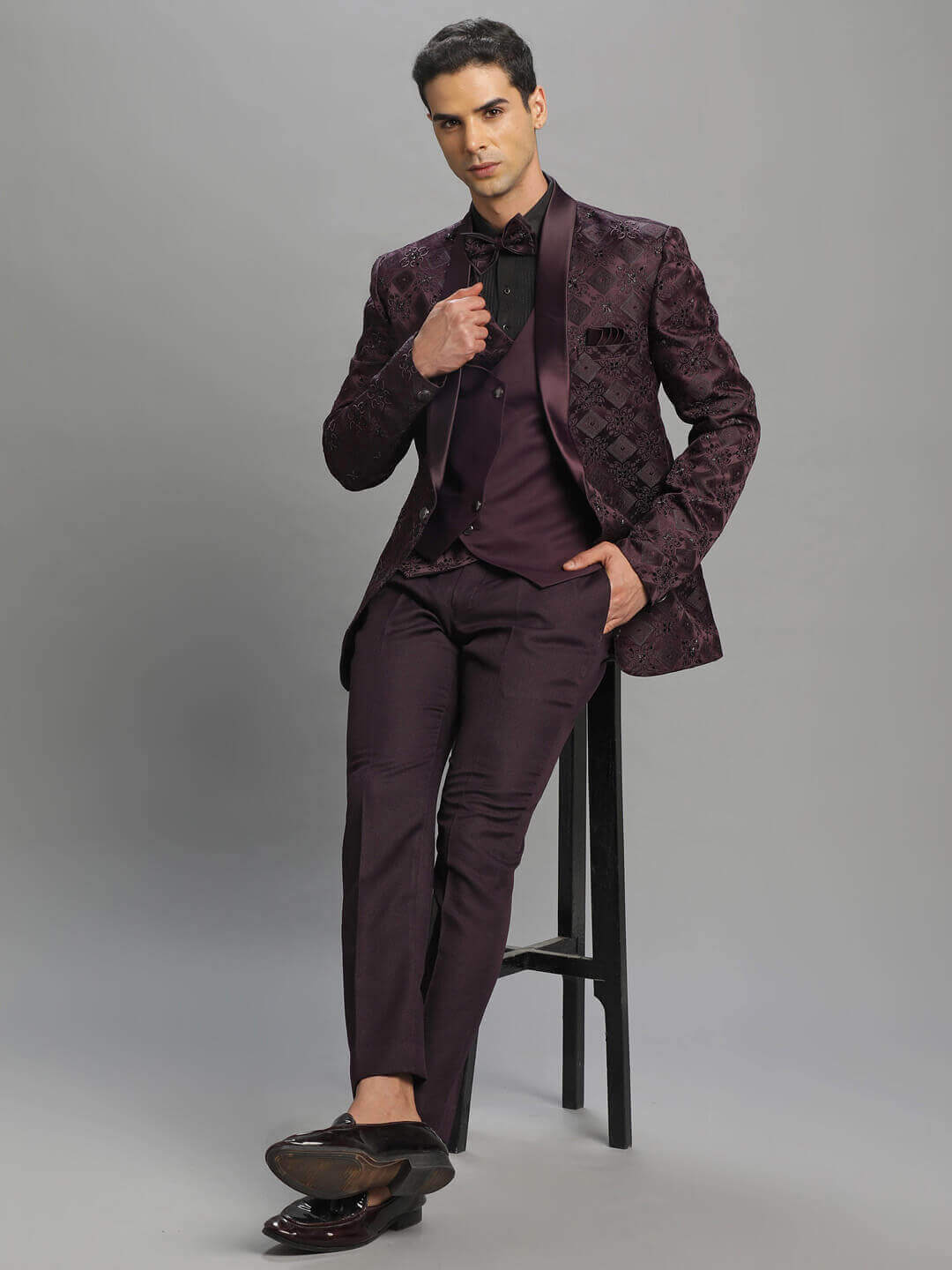 Maroon Embroidered Ceremony 3 Piece Tuxedo