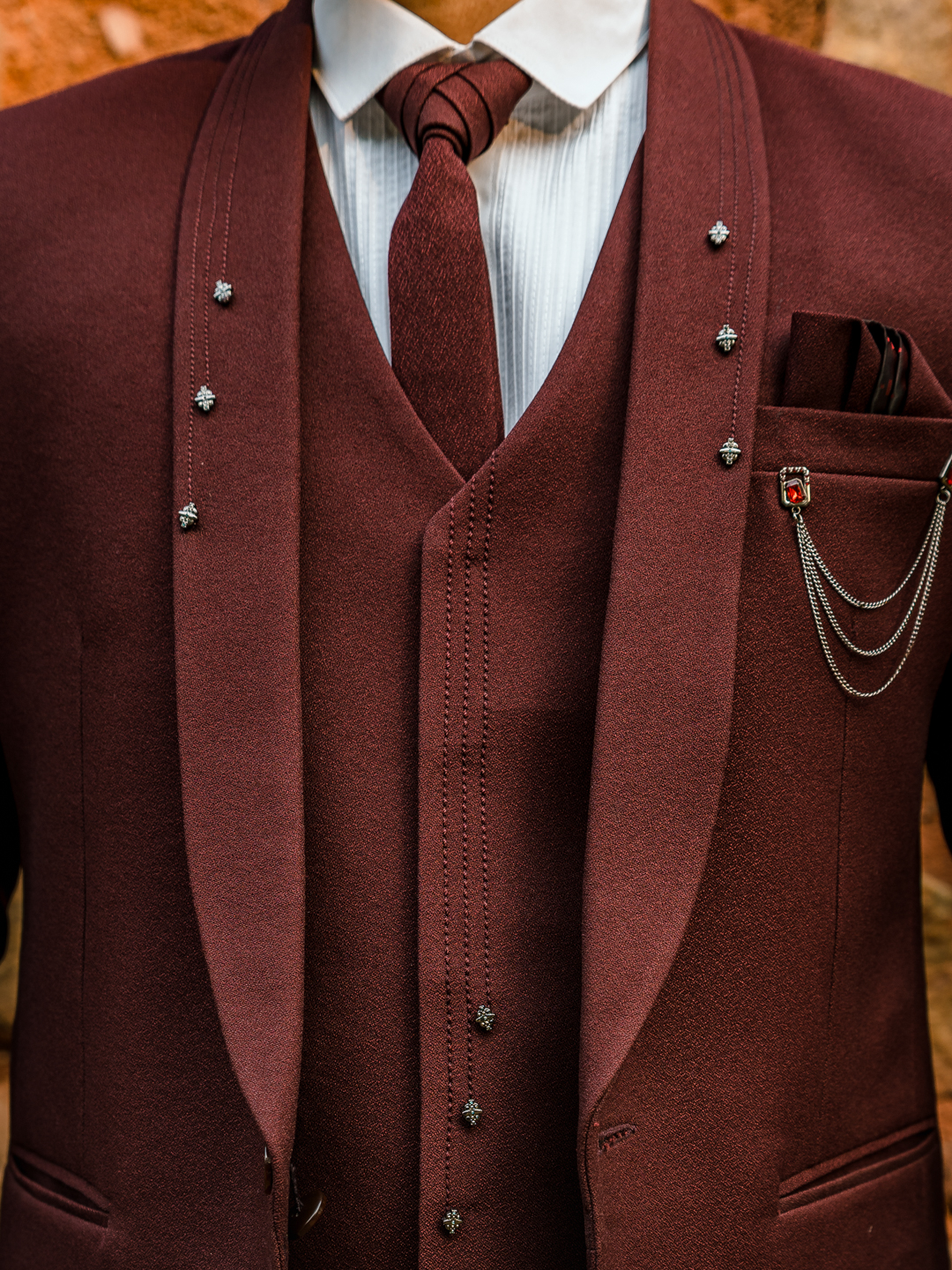 displaying image of Maroon Lapel Saddle Pin 3 Piece Suit