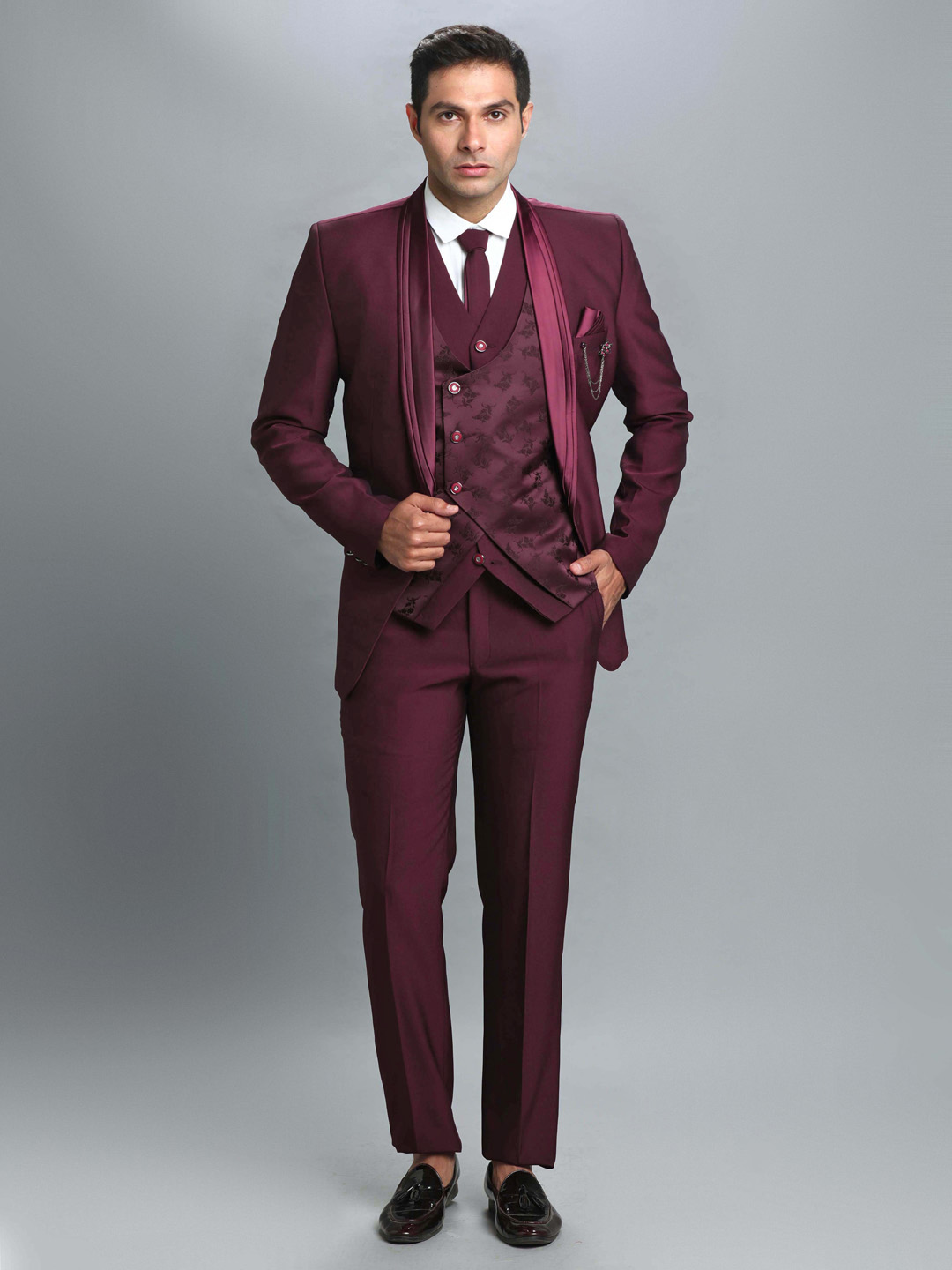 Rent/Buy Maroon Print Waistcoat 3 Piece Suit | Home Trial | Free ...