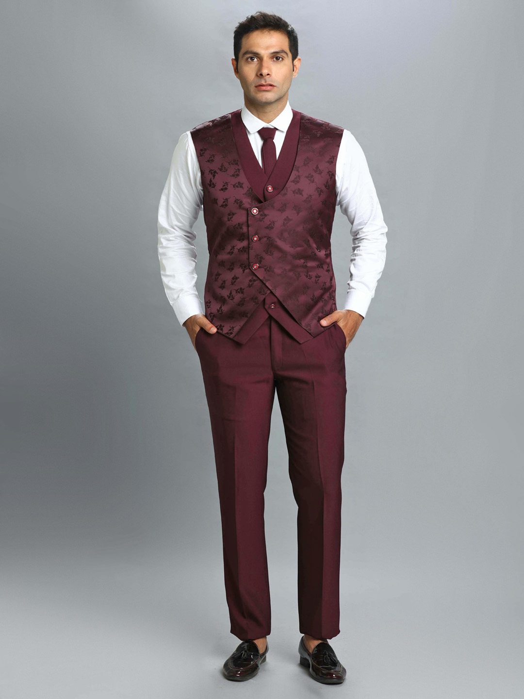 displaying image of Maroon Print Waistcoat 3 Piece Suit