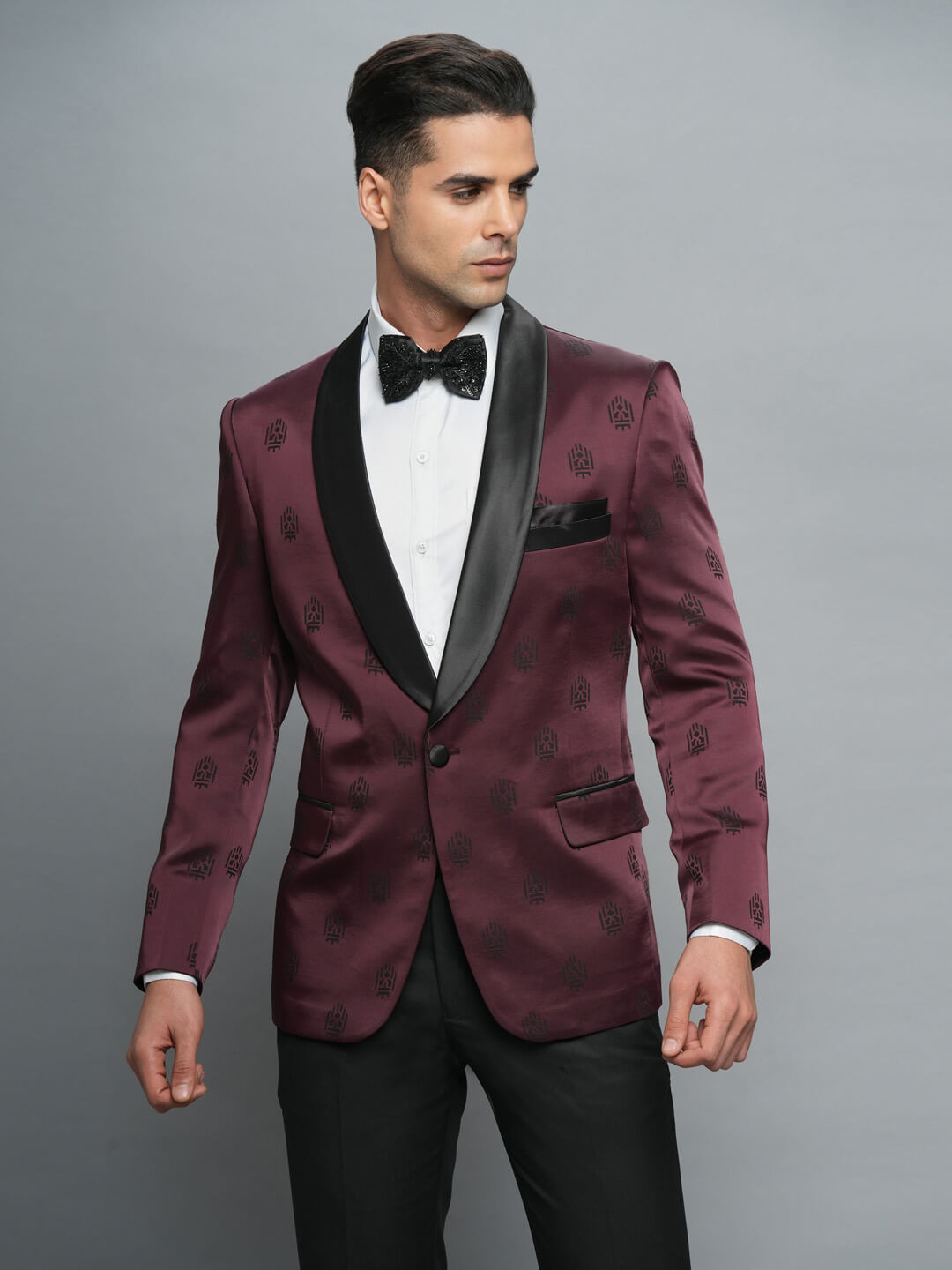 maroon-robo-print-tuxedo-blazer