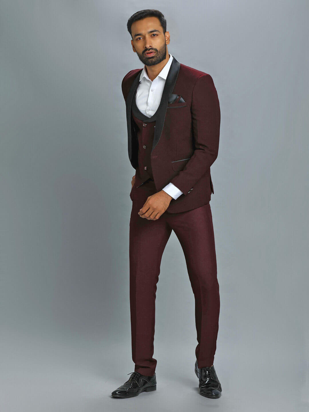 displaying image of Maroon Ruffled 3 Piece Suit