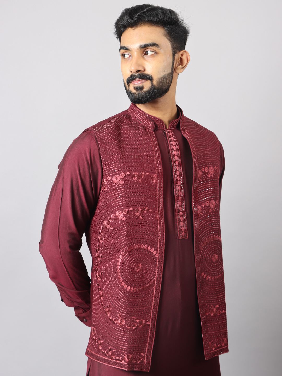 Maroon Self Work Bandi Set
