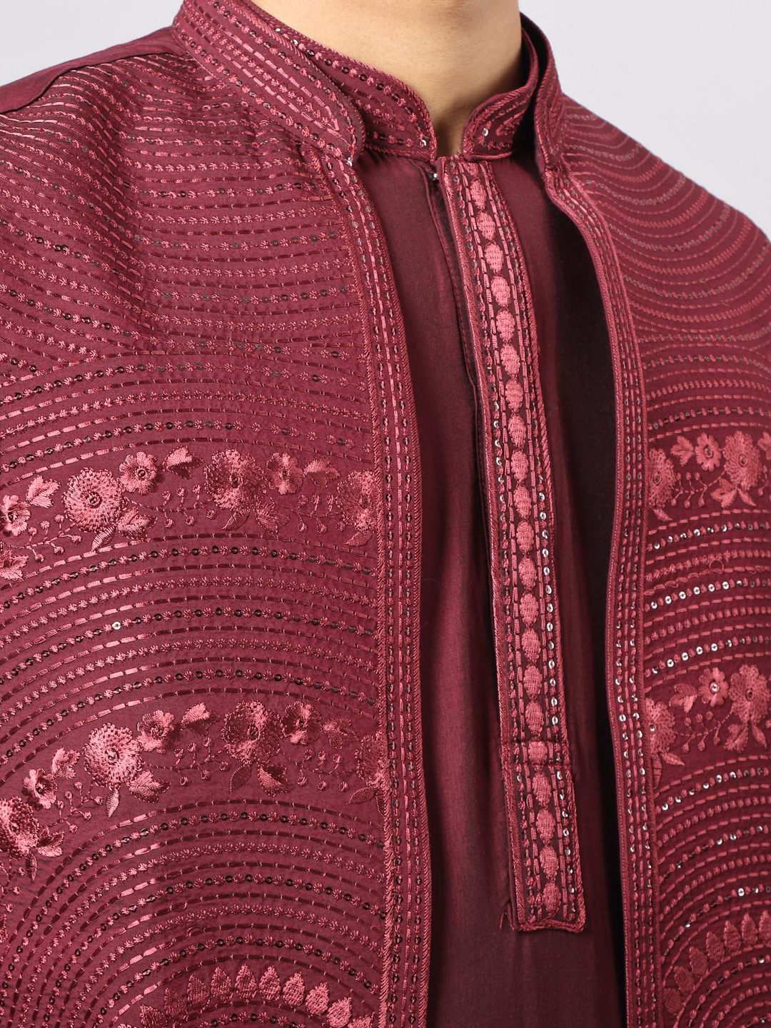 Maroon Self Work Bandi Set