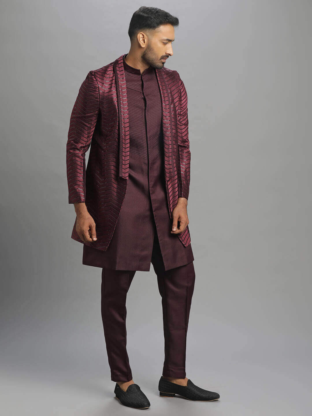 displaying image of Maroon Shiny Mascot Long Kurta Pyjama Bandi