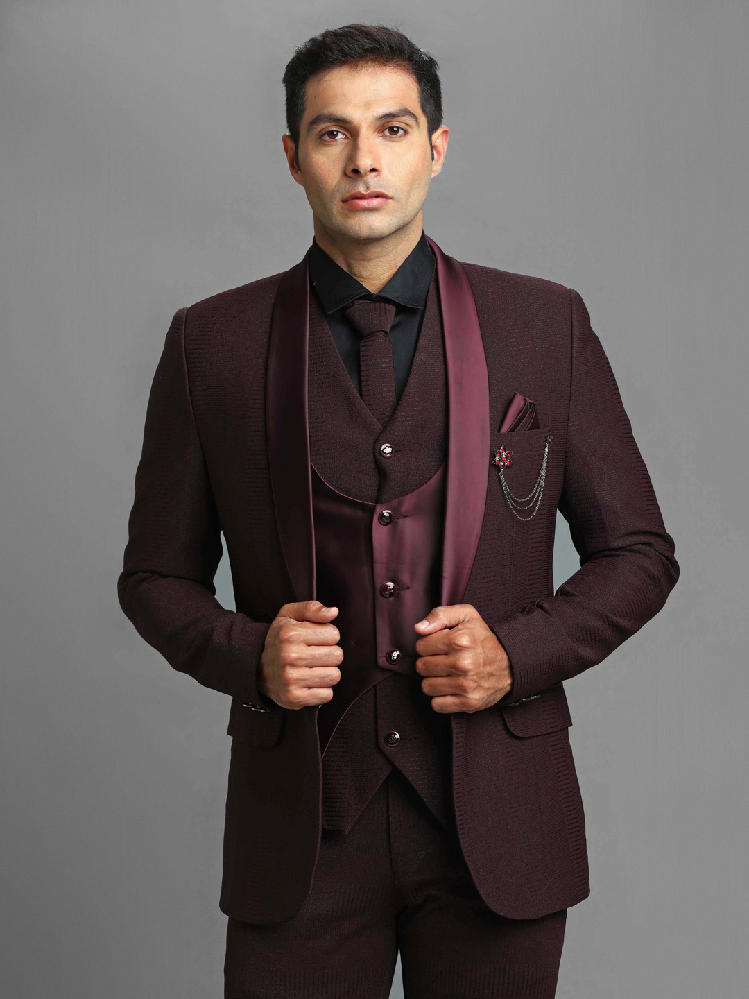 Candidmen: Rent/Buy - Maroon Shiny Textured Print 3 Piece Suit