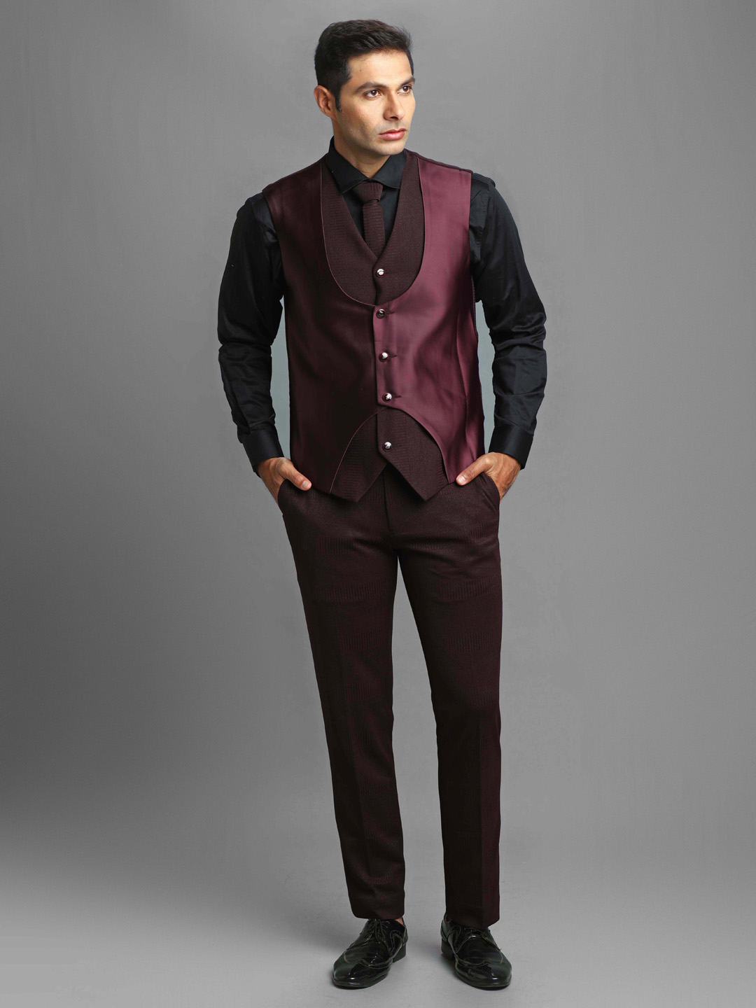 Candidmen: Rent/Buy - Maroon Shiny Textured Print 3 Piece Suit