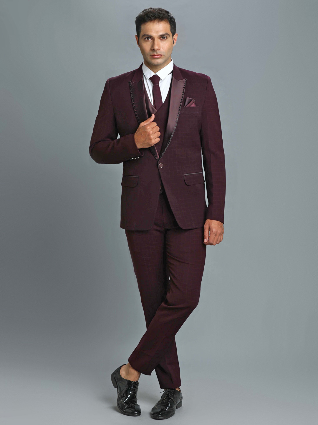 Maroon Subtle Checks Embroidered Groom Suit
