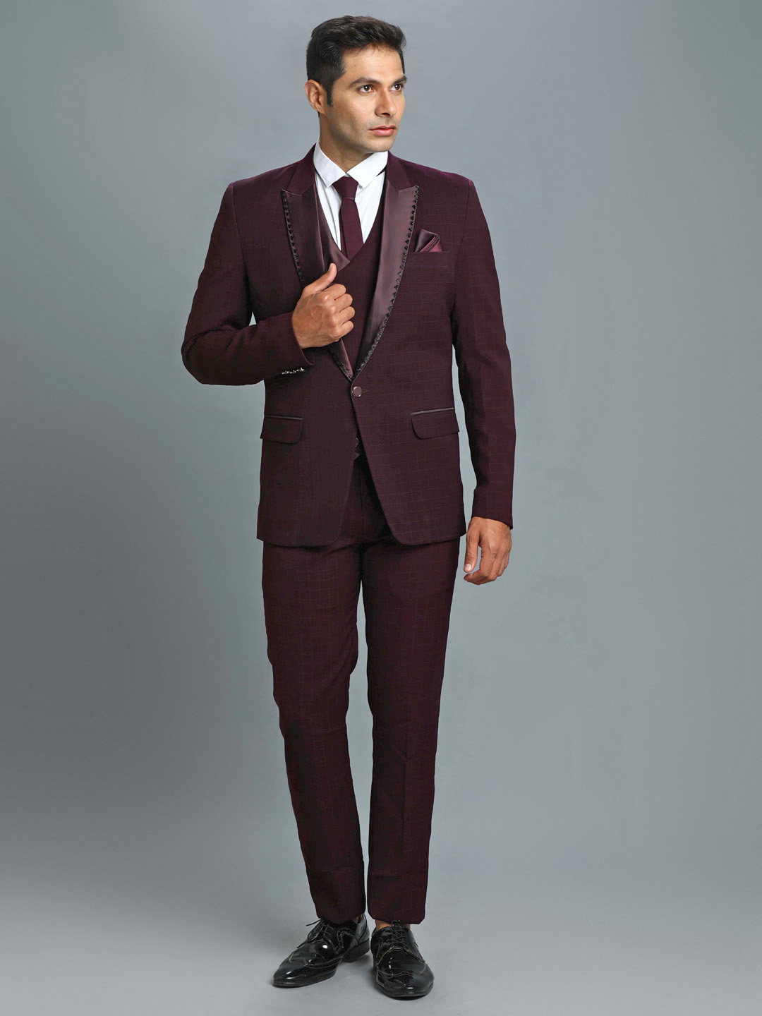 Maroon Subtle Checks Embroidered Groom Suit