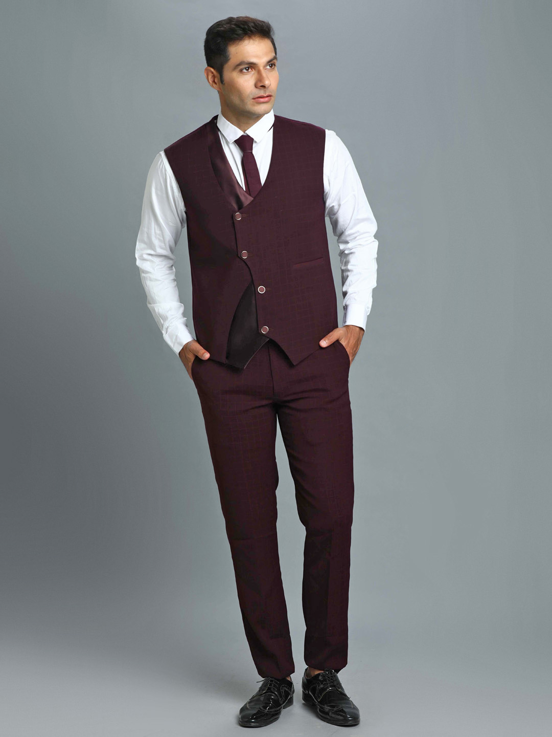 displaying image of Maroon Subtle Checks Embroidered Groom Suit