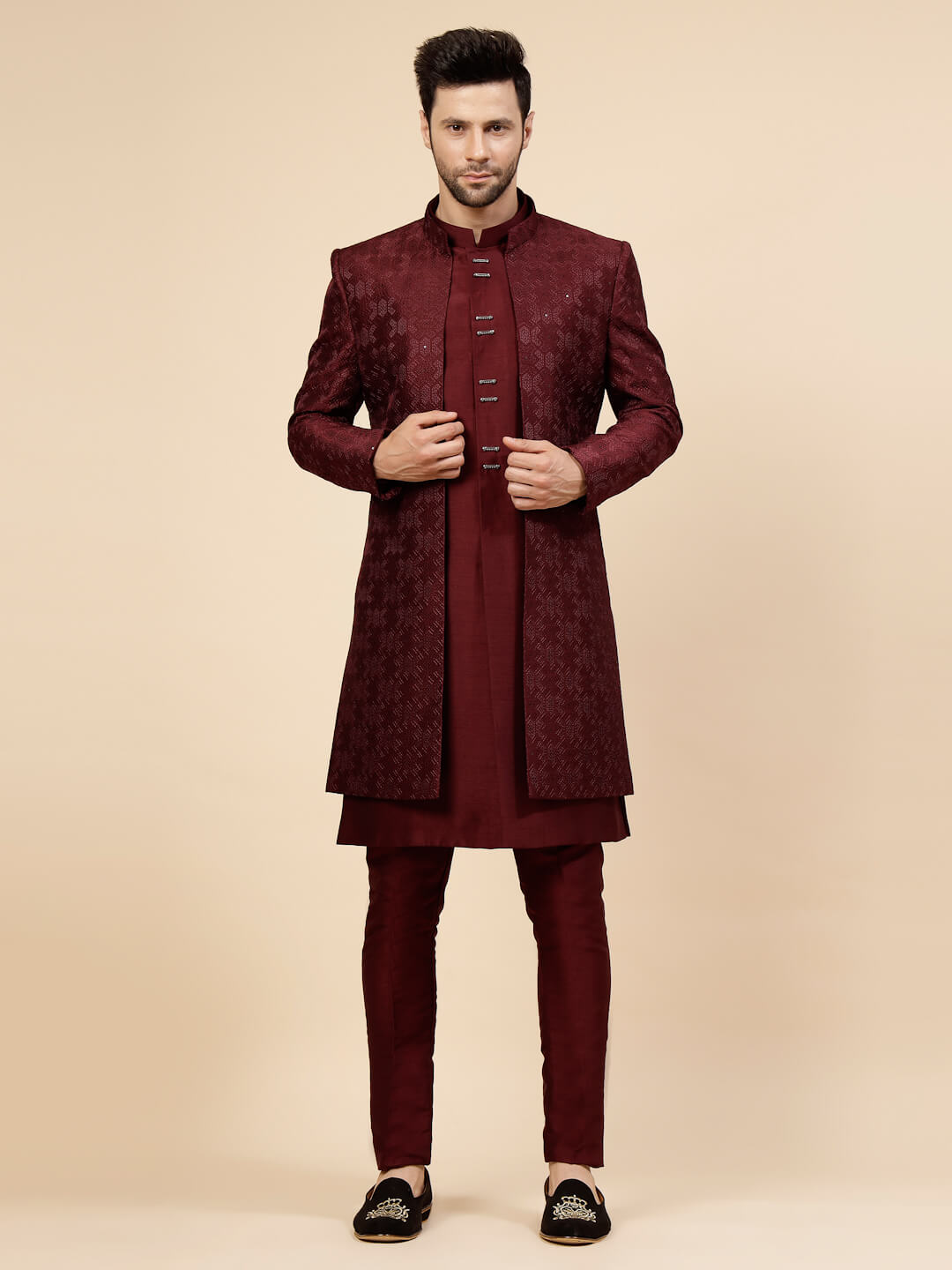 Maroon Threaded Over Jacket Sherwani